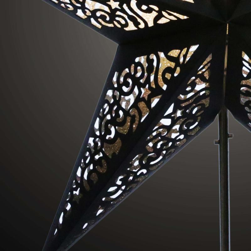 Kala Schwarz / Silberglitter  - Faltbarer Leuchtstern, Weihnachtsstern aus Papier mit 5 Zacken, 60 cm